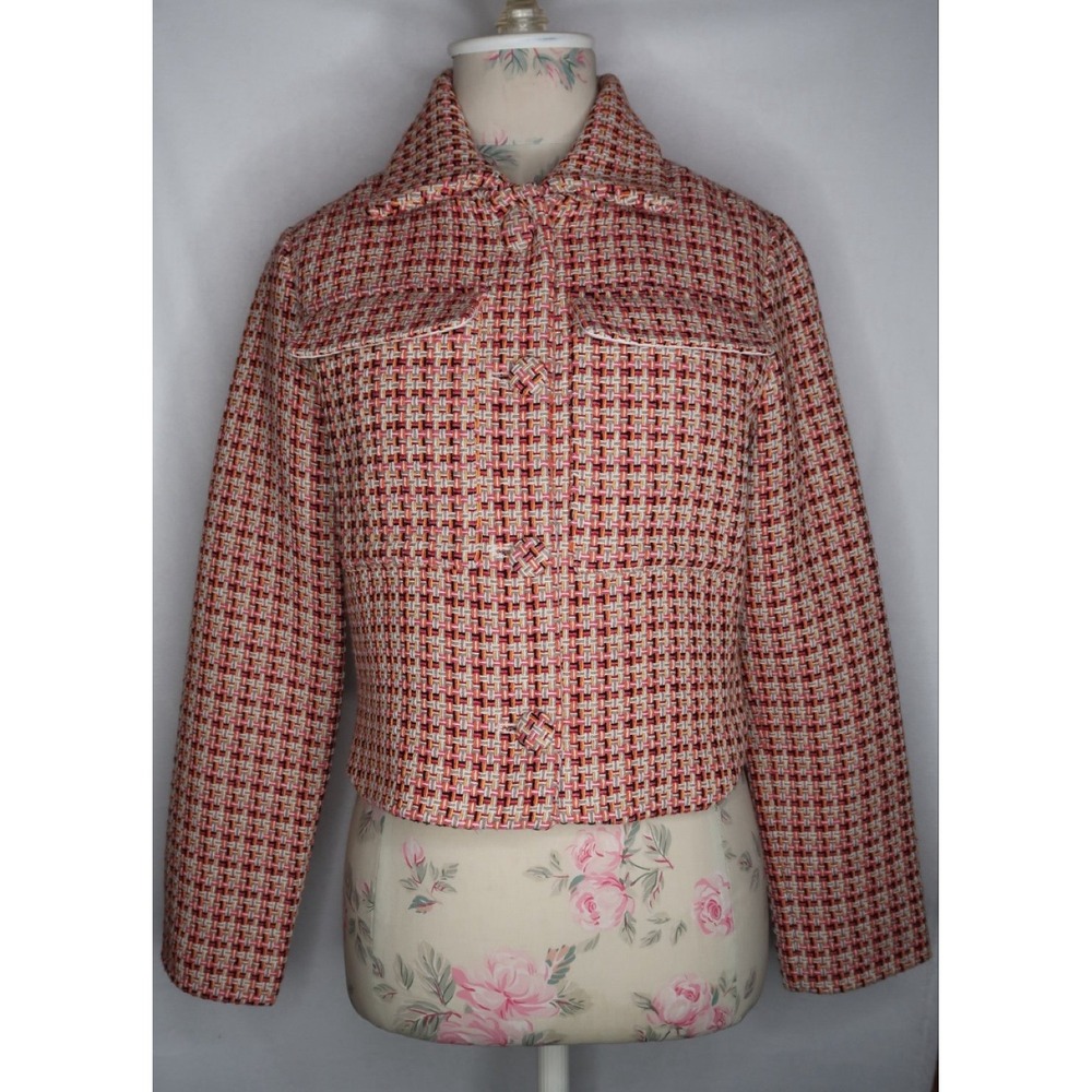 Maeve Anthropologie Tweed Cropped Jacket Pink Cream Button Front Women's XS EUC